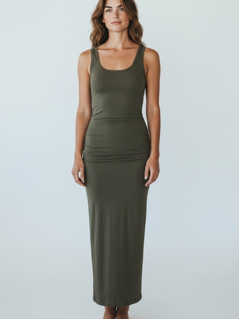 VENUS Olive Green Ruched Maxi Dress Women's Medium Sleeveless Stretch Racerback